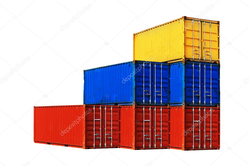 Six differently colored sea containers stacked 