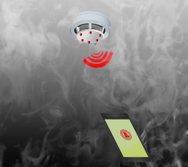 Smoke detector on the ceiling Mobile phone with fire alarm       clipart