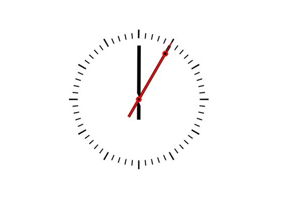 Relógio, discar com um ponteiro minuto e um ponteiro segundo vermelho indica 1 — Fotografia de Stock