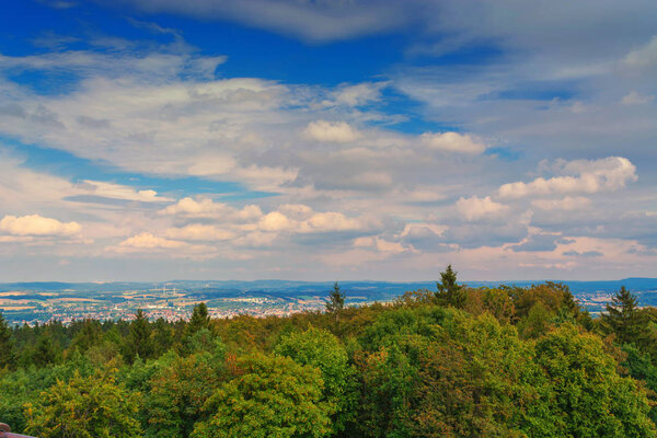 Panoramic view from Hermannsdenkmal to the Teutoburg Forest near Detmold, North Rhine-Westphalia.