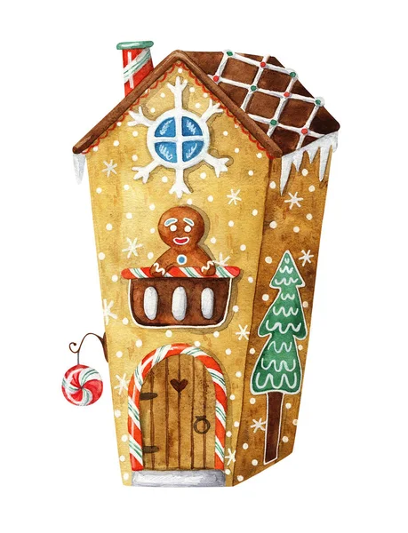 Kerst Aquarel Illustratie Kerstpeperkoekenhuis Voor Wenskaarten Kerstdessin — Stockfoto