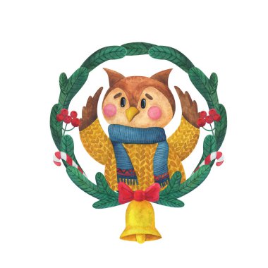 Yeni yıl suluboya kompozisyonu. Noel çelengi, baykuş, köknar dalları, lolipop, çan. Beyaz arka planda ayrı nesneler..