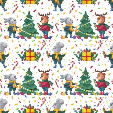 tavşan, geyik ve fare yeni yılı kutluyorlar, Noel ağacını süslüyorlar ve hediyeler veriyorlar. Sevimli, kusursuz noel deseni, suluboya