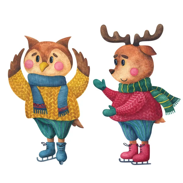 Set of christmas characters. Deer and owl skating. Cute watercolor illustration for new year design.Isolated objects on a white background.