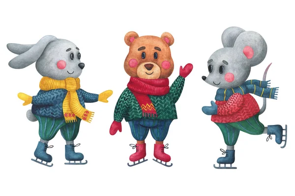 hare, bear and mouse on skates. Kış tasarımı için yazarın suluboya karakterleri.