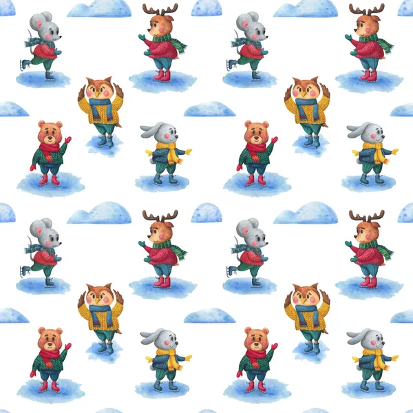 Animals ice skating.Cute seamless christmas pattern, watercolor. Ideal for Christmas decor, wrapping paper, fabric.