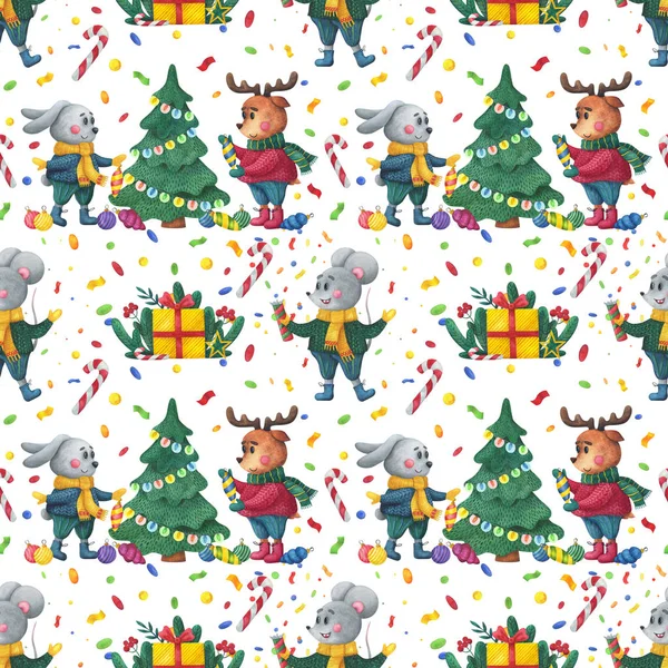 tavşan, geyik ve fare yeni yılı kutluyorlar, Noel ağacını süslüyorlar ve hediyeler veriyorlar. Sevimli, kusursuz noel deseni, suluboya