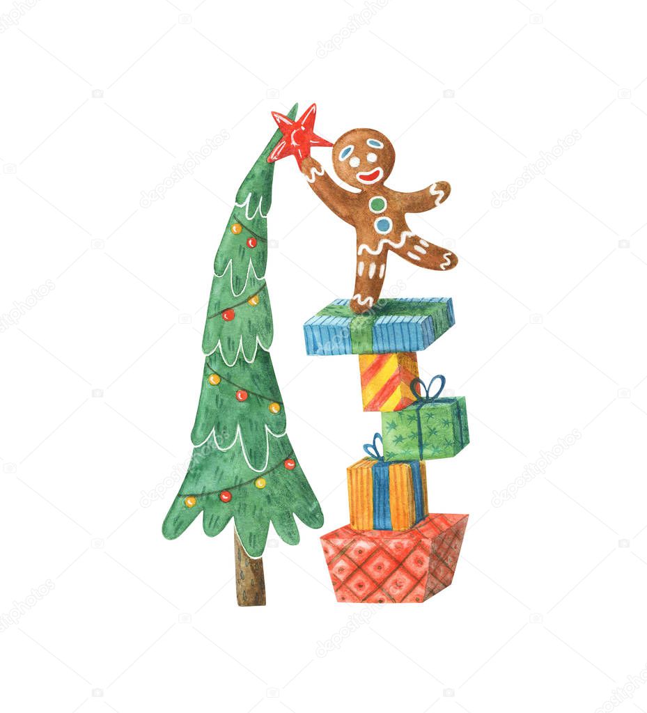 Gingerbread man stands on gifts and dresses up the Christmas tree.Merry Christmas watercolor illustration. Isolated on white background, for print or postcard.