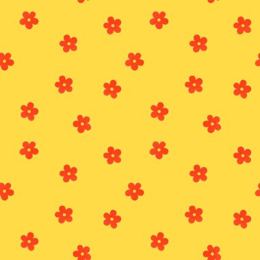 Sarı arkaplanda ilkel kırmızı çiçekler. Çiçeksiz desenli yazar. guaj