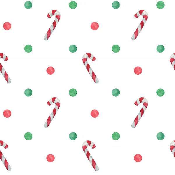 Christmas Candy Canes Red Green Dots Cute Minimalistic Seamless Watercolor — ストック写真