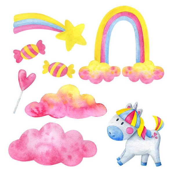 Unicórnio branco, nuvens rosa, arco-íris, doces, conjunto de ilustra bonito — Fotografia de Stock