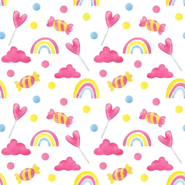 A pattern of candy, rainbows, and multicolored clouds. Pink, yel — 스톡 사진