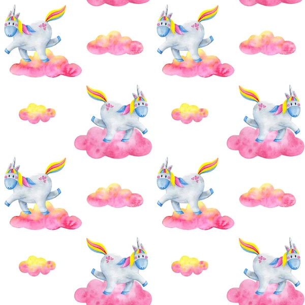 Cute seamless pattern with watercolor unicorns running in pink c