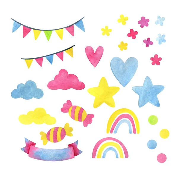 Sign for text, confetti, flags, star, heart, clouds, rainbow, ca — 스톡 사진