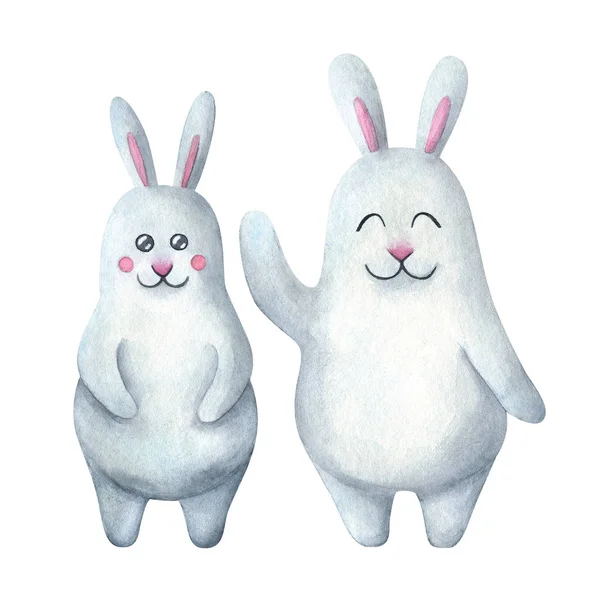 Dois coelhos brancos giros estão de pé. illus aquarela universal — Fotografia de Stock