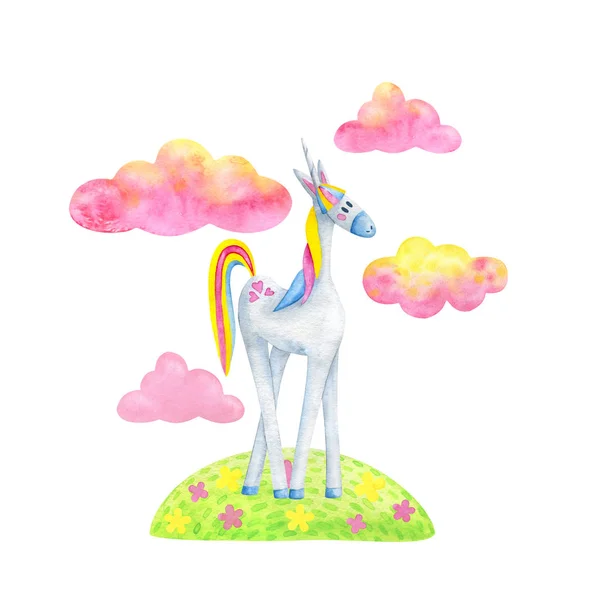 Licorne blanche dans les nuages roses — Photo