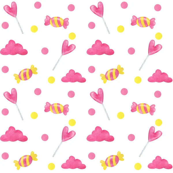 Patrón de dulces y nubes multicolores. Rosa, amarillo. Festivo —  Fotos de Stock