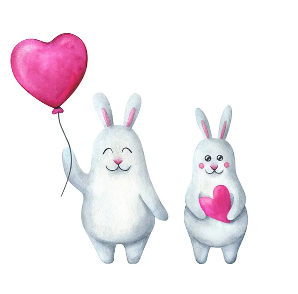 Dois pombinhos com um balão rosa na forma de um coração.Waterc — Fotografia de Stock