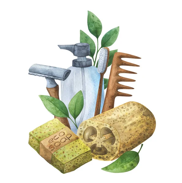 Eco-friendly composition of hygiene items. Loofah, soap, razor, — Stock Photo, Image