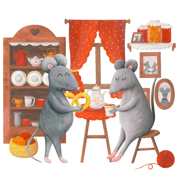 Tea drinking of mice, cute cozy gouache illustration on a white — Stock Photo, Image