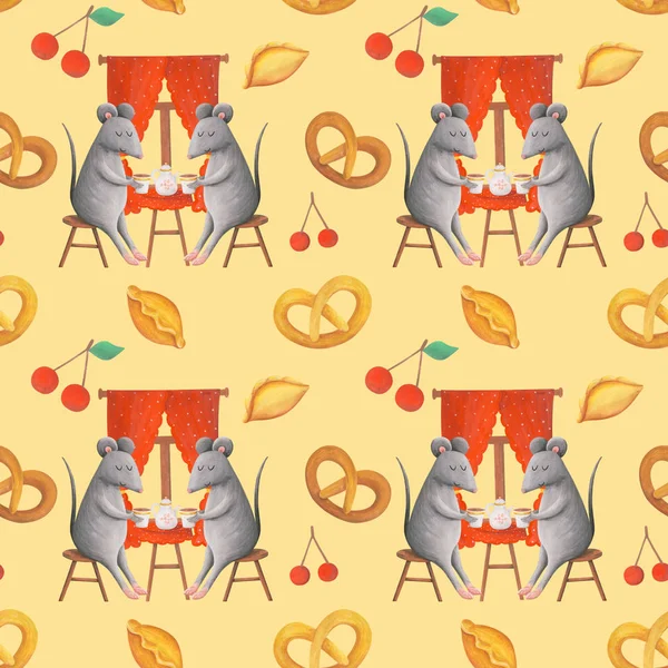 Tea party of mice, cute seamless pattern. Gouache illustration on a yellow background. Two mice drink tea at home with pastries. Print for background, fabric, packaging. — ストック写真