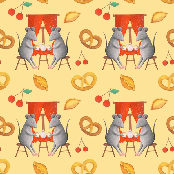 Tea party of mice, cute seamless pattern. Gouache illustration on a yellow background. Two mice drink tea at home with pastries. Print for background, fabric, packaging.