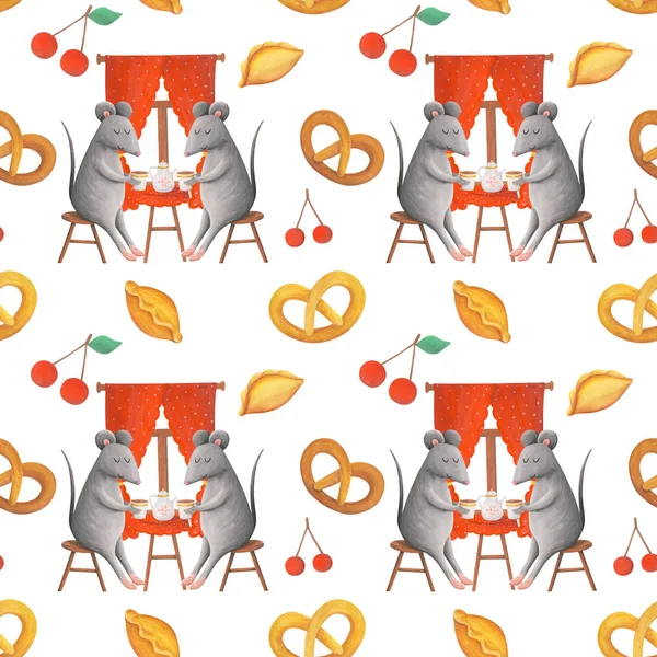 Tea party of mice, cute seamless pattern. Gouache illustration on a white background. Two mice drink tea at home with pastries. Print for background, fabric, packaging.