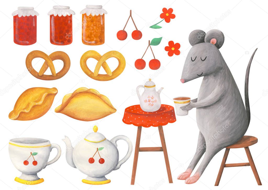 The mouse drinks tea. Set of cute gouache illustrations
