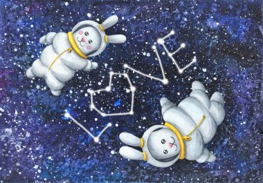 Aşık tavşanlar. Astronotlar açık uzayda, takım yıldızının yakınında uçarlar.