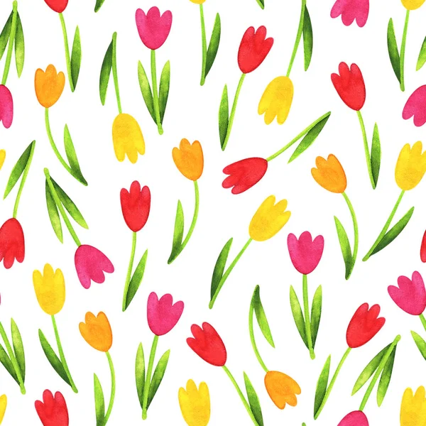 Watercolor tulips. Spring multi-colored pattern with scattered f — Stockfoto