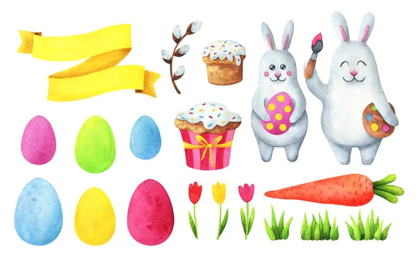 Boldog Húsvétot! Egy nagy sor húsvéti elemek: nyúl, nyuszi, tojás — Stock Fotó