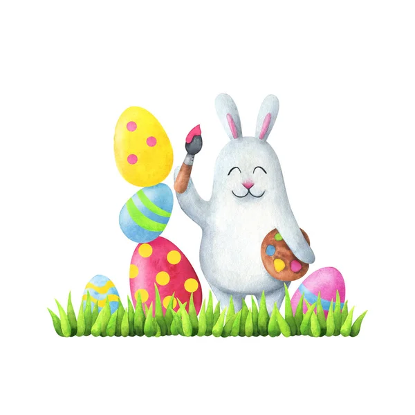 Húsvéti nyuszi tojást fest. Akvarell összetétel izolált w — Stock Fotó