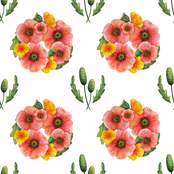 Watercolor Poppies White Background Ornament Flower Wreaths Compositions Greenery Seamless — ストック写真