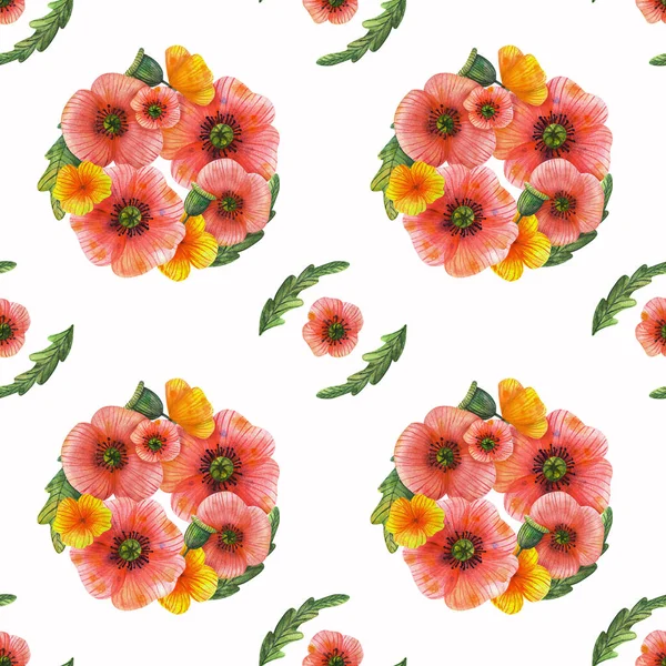 Aquarellmohn Auf Weißem Hintergrund Ornament Aus Blumenkränzen Und Kompositionen Mit — Stockfoto