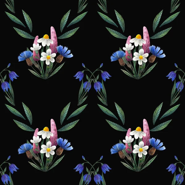Seamless Floral Pattern Dark Black Background Watercolor Flower Arrangement Interweaving — 스톡 사진