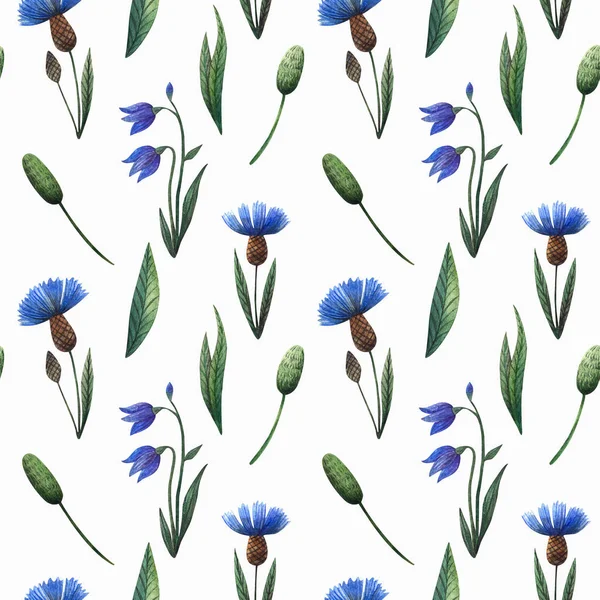 野花とシームレスな花パターン 青い花 緑の小花 白い背景の鐘 水彩画のイラストのパターン デザイナー Print — ストック写真