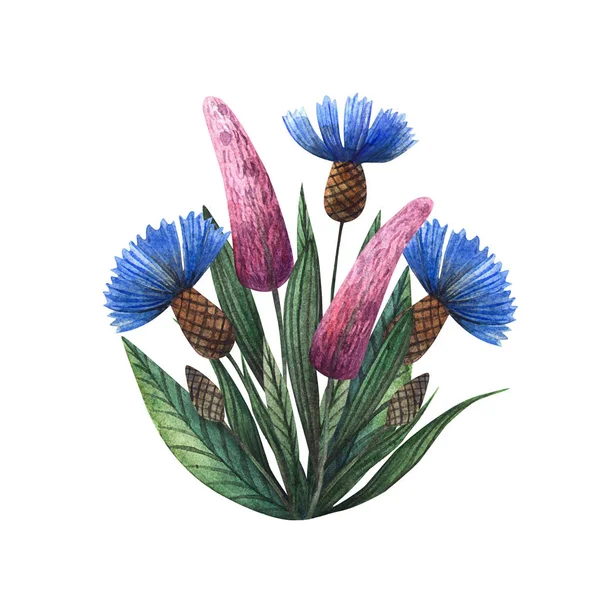 Virágcsokor Akvarell Stilizált Vadvirágok Kék Búzavirág Levendula Zöld Levelek Összetétele — Stock Fotó