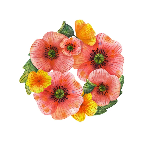 Квіткова Композиція Акварельні Ілюстрації Вашого Дизайну Склад Червоного Жовтого Помаранчевого — стокове фото