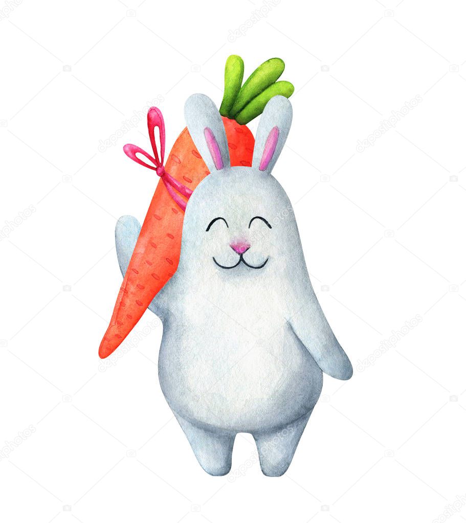 A white rabbit carries a large orange carrot. Watercolor illustr
