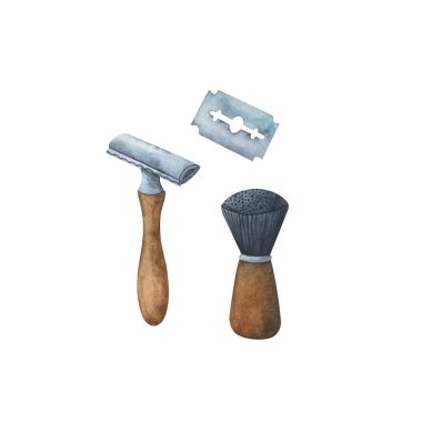 A set of shaving tools. Razor, blade, brush. Lifestyle with cons