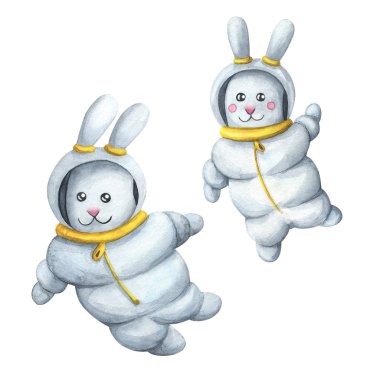 Hares astronauts in spacesuits. A set of cute cartoon characters clipart
