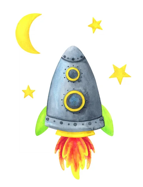 Space rocket, moon and stars. Set of watercolor illustrations is — Stock Photo, Image