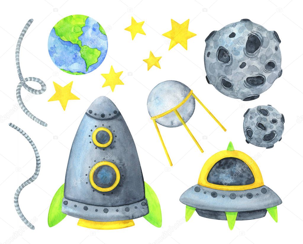 Spacecraft, rocket, satellite, flying saucer, asteroid, stars, 