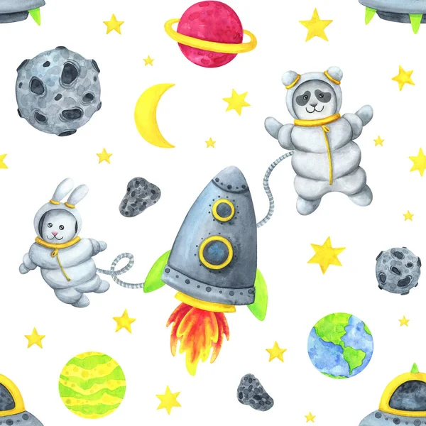 Space children\'s seamless pattern. Rocket, flying saucer, planet