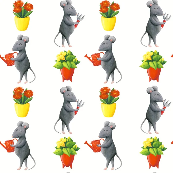 Jardinería patrón sin costura. El ratón cultiva plantas de interior. Illu. — Foto de Stock