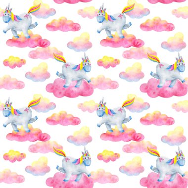 Pembe bulutlarda koşan suluboya tek boynuzlu atlarla şirin, pürüzsüz bir desen. Beyaz arka plan. Baskı, tekstil ve kağıt için çocuk masalı tasarımı