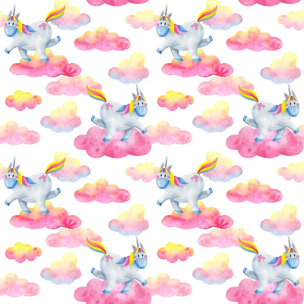 Cute Seamless Pattern Watercolor Unicorns Running Pink Clouds White Background — 스톡 사진