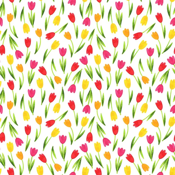Akwarelowe Tulipany Wiosna Wielobarwny Wzór Rozproszonymi Kwiatami Bezproblemowe Tło Dla — Zdjęcie stockowe