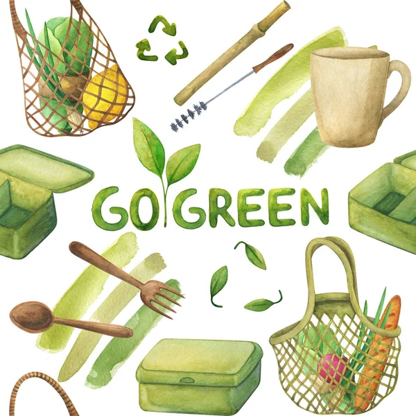 Milieuvriendelijk Naadloos Patroon Achtergrond Met Eco Herbruikbare Items Aquarel Illustraties — Stockfoto