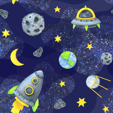 Roket, uçan daire, uzay gemisi, uydu, gezegen, yıldızlar. Uzay kusursuz desen. Çocuklar için suluboya resimli mavi arka plan. Sonsuz evren. Astronomi bilimi..